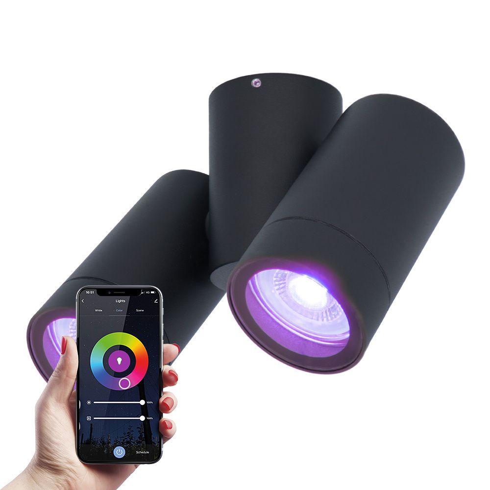 Hoftronic Smart Silva Smart LED Plafondspot Kantelbaar IP65 5.5W 690lm RGBWW GU10 Zwart
