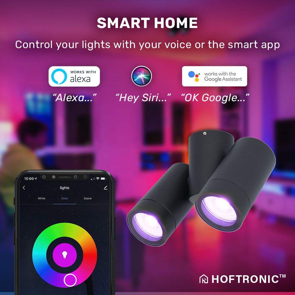 Hoftronic Smart Silva Smart LED Plafondspot Kantelbaar IP65 5.5W 690lm RGBWW GU10 Zwart