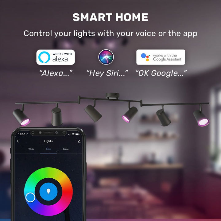 Hoftronic Smart Riga Smart LED Plafondspot Kantelbaar IP20 30W 2400lm RGBWW 6-Lichts Zwart