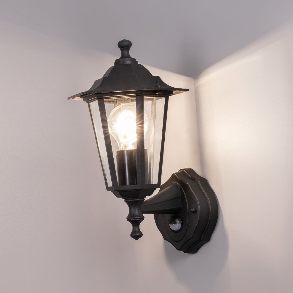Hoftronic Huron Klassieke Wandlamp Bewegingsmelder IP44 E27 Zwart