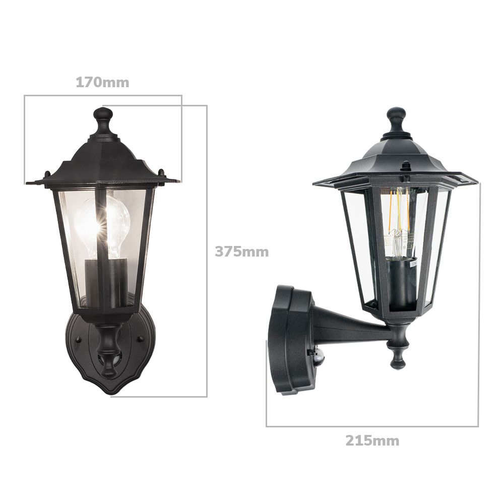 Hoftronic Huron Klassieke Wandlamp Bewegingsmelder IP44 E27 Zwart